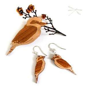 lasercut wood kookaburra earrings nad brooch